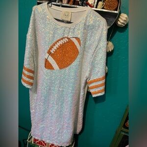 Fantastic Fawn Sequin Football Tee shirt dress- White and Orange